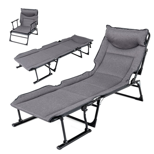 3-in-1 Folding Camping Cot in grey, shown as a chair and a bed
