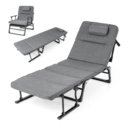 3-in-1 Folding Camping Cot in grey, shown in two positions: upright and fully reclined