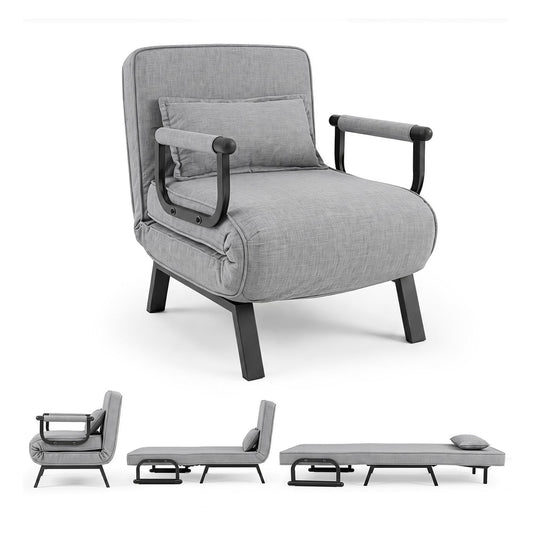 3-in-1 Folding Sofa Bed in light grey fabric shown as a chair with a pillow