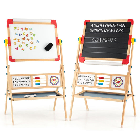 3-in-1 Freestanding Kids Art Easel with Double-sided Drawing Board showing both whiteboard and chalkboard sides