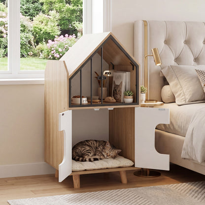 The cat house cabinet with a cat resting inside its lower compartment