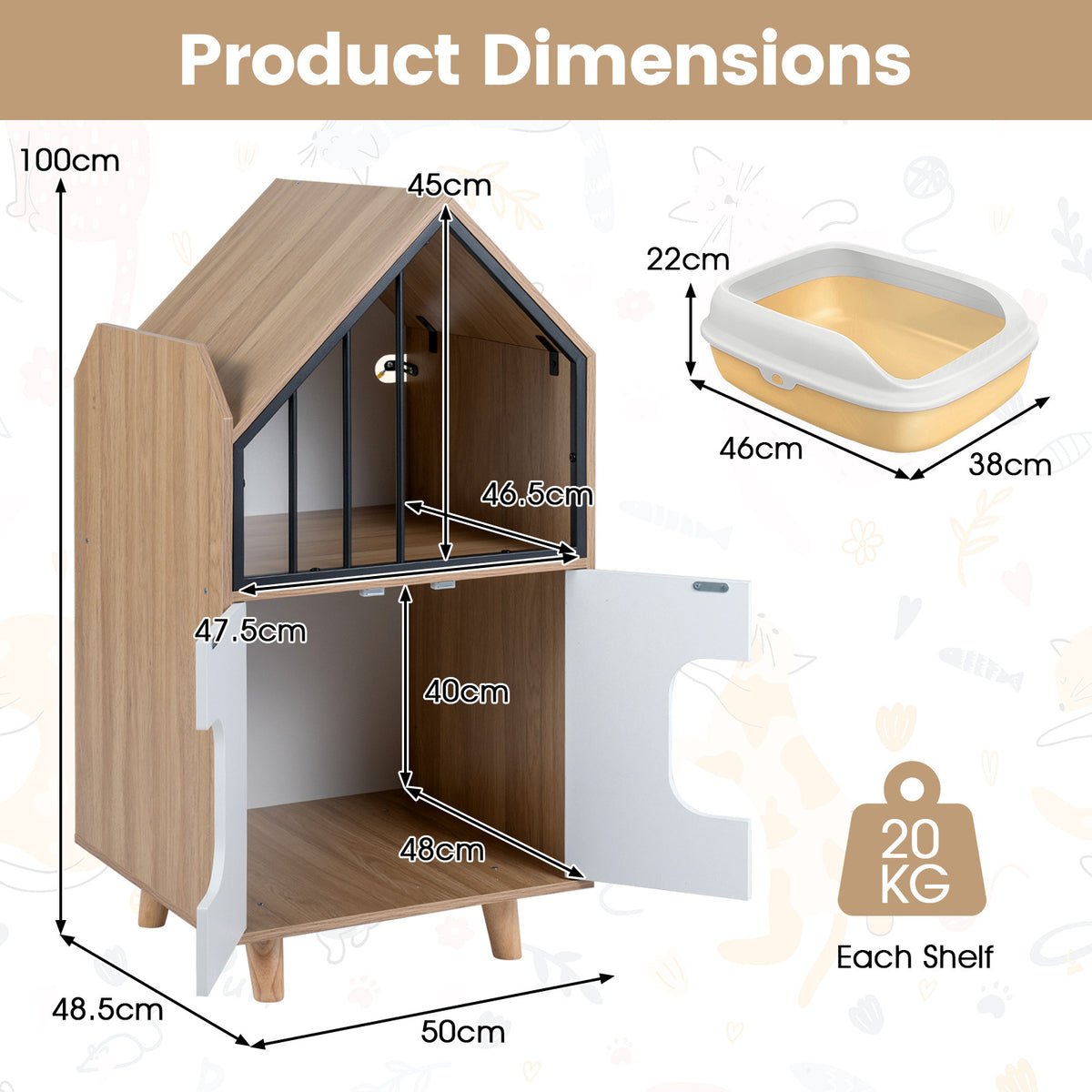 Product dimensions diagram for the cat house cabinet