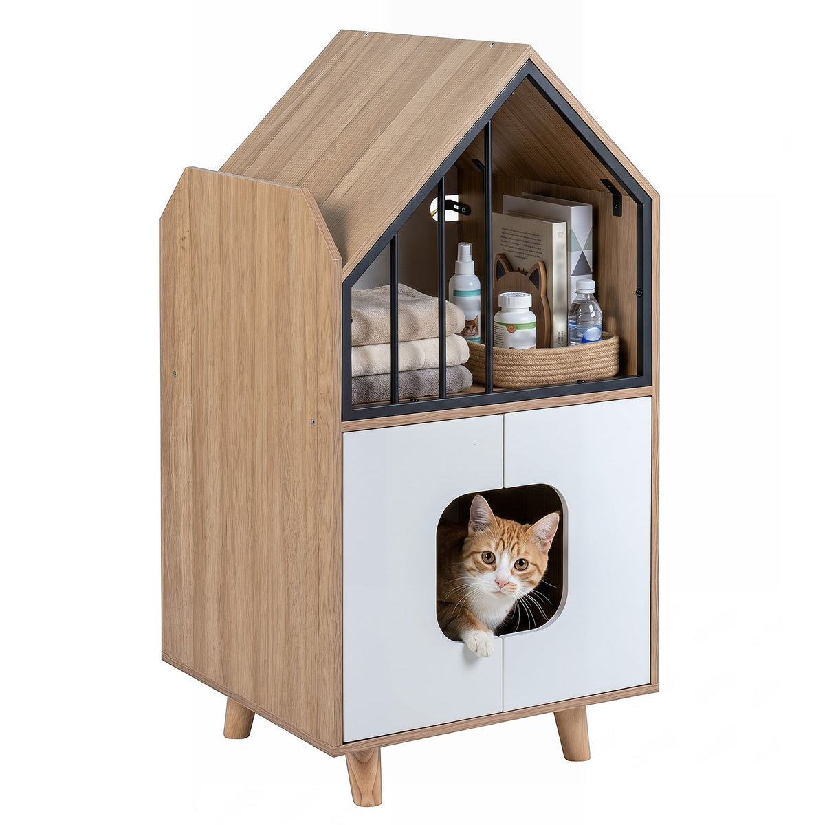 3-in-1 Hidden Cat House Cabinet with shelf and metal fence, a cat peeking out of a door