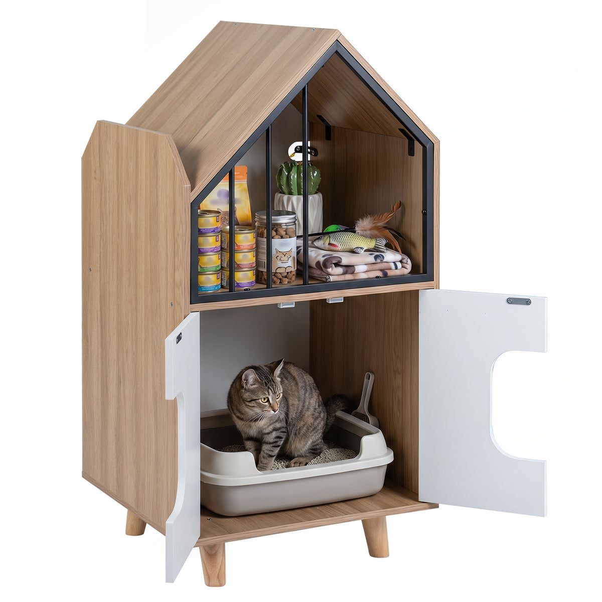 Cat furniture with doors open, showing a litter box and shelf