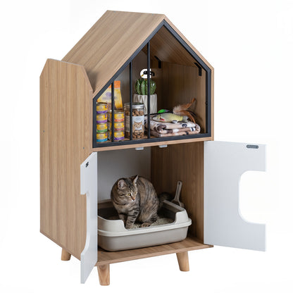 Cat furniture with doors open, showing a litter box and shelf