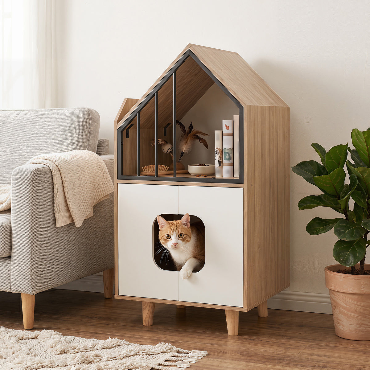 Cat furniture in a living room, with a cat inside the cabinet