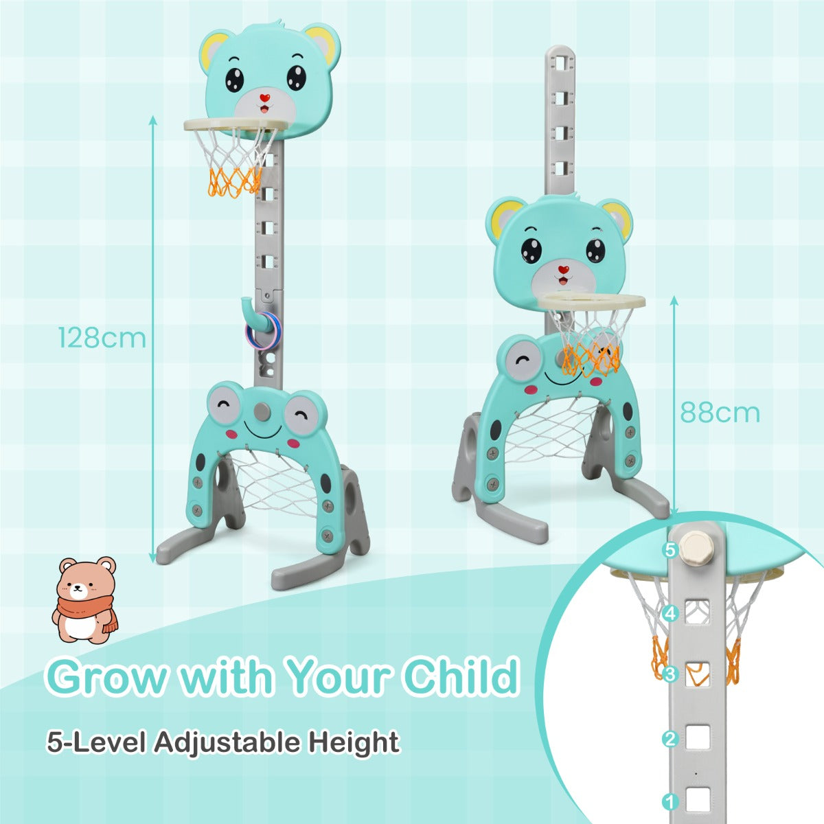 Green toy sports hoop and stand set showing adjustable height feature