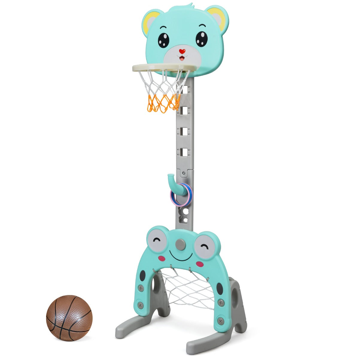 3 IN 1 Kids Basketball Hoop and Stand Set in green with a basketball and ring toss game