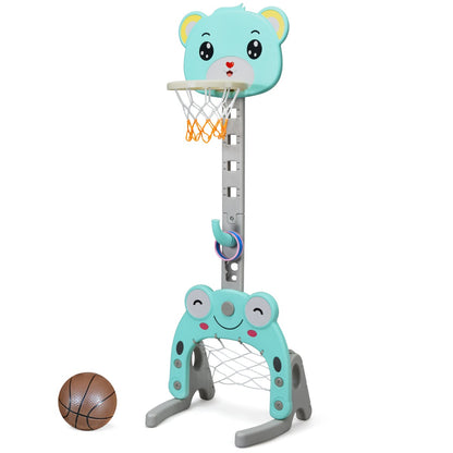 3 IN 1 Kids Basketball Hoop and Stand Set in green with a basketball and ring toss game