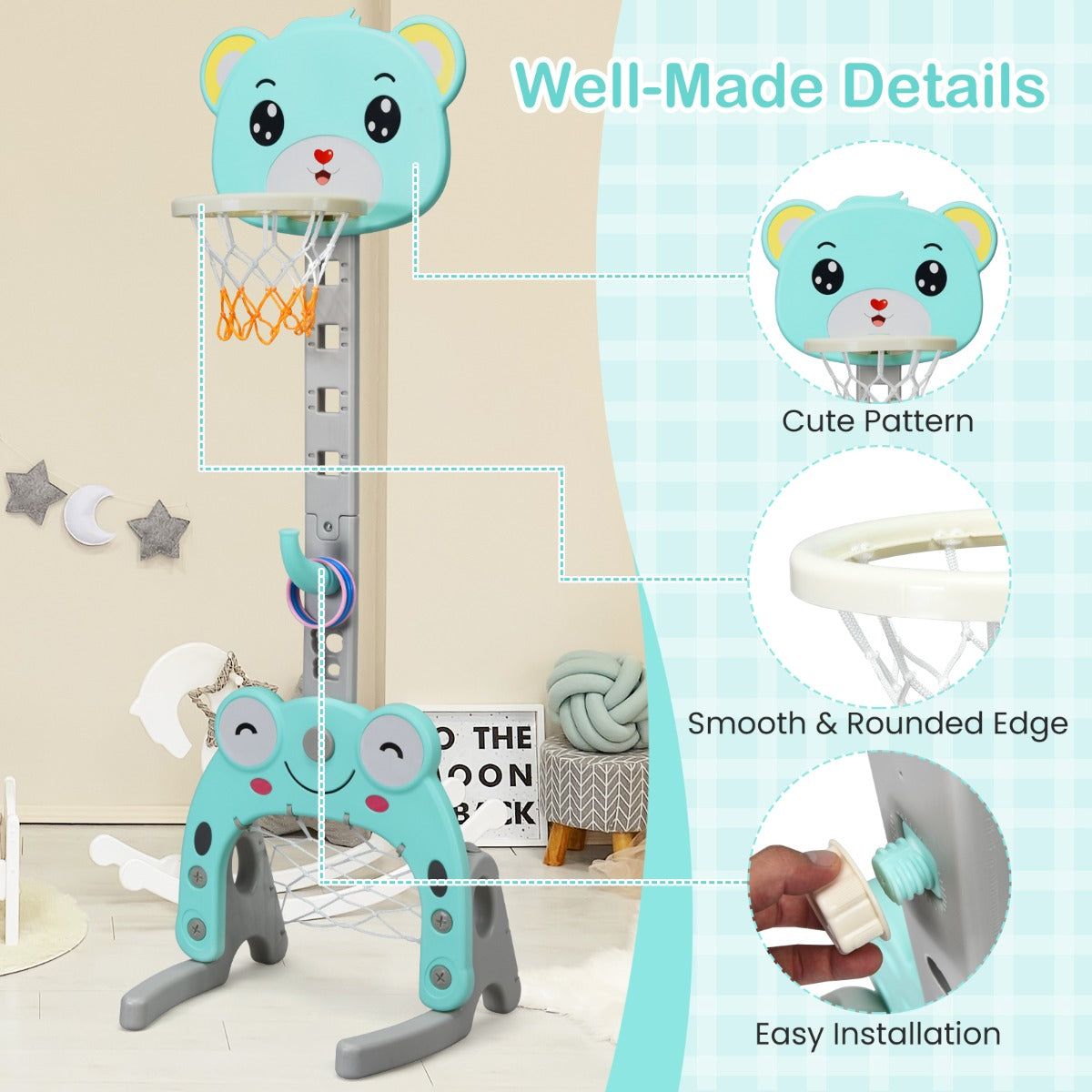 Close up of the green toy sports hoop and stand set showing details