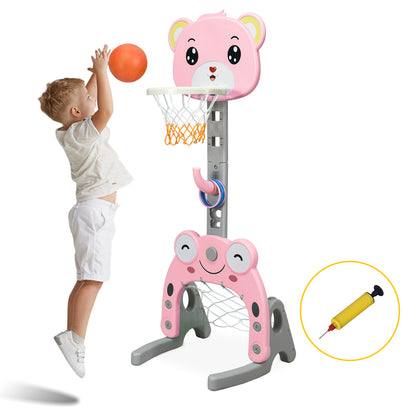 The pink basketball hoop and stand set with a boy playing basketball and a pump
