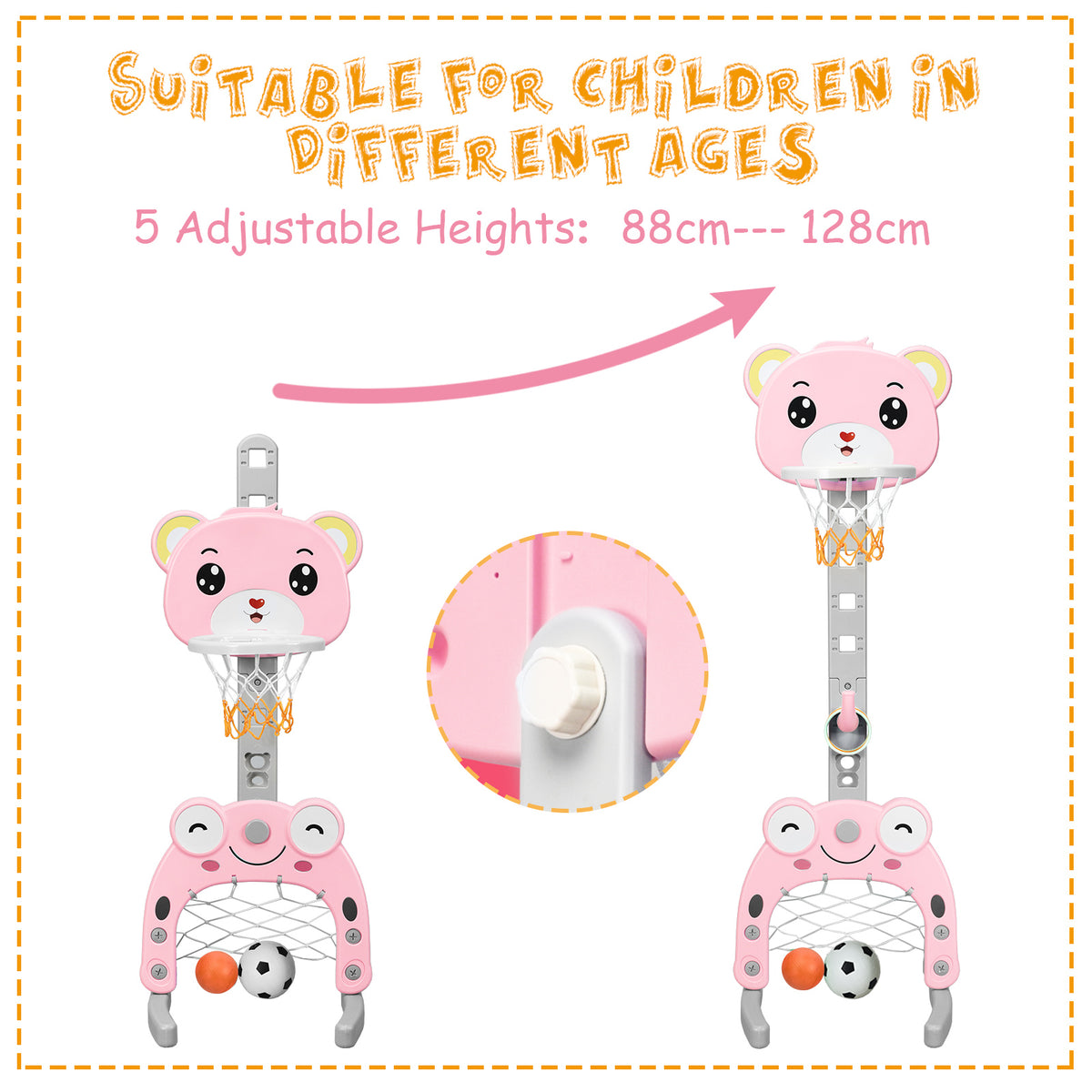 Adjustable heights for the pink kids basketball hoop and stand set