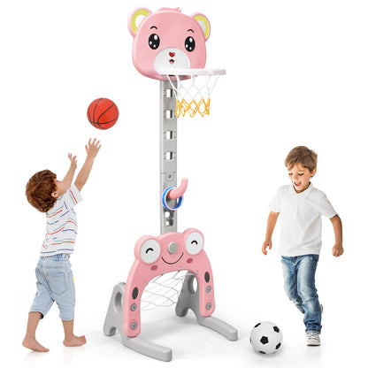 3 IN 1 Kids Basketball Hoop and Stand Set in pink with two children playing basketball and football