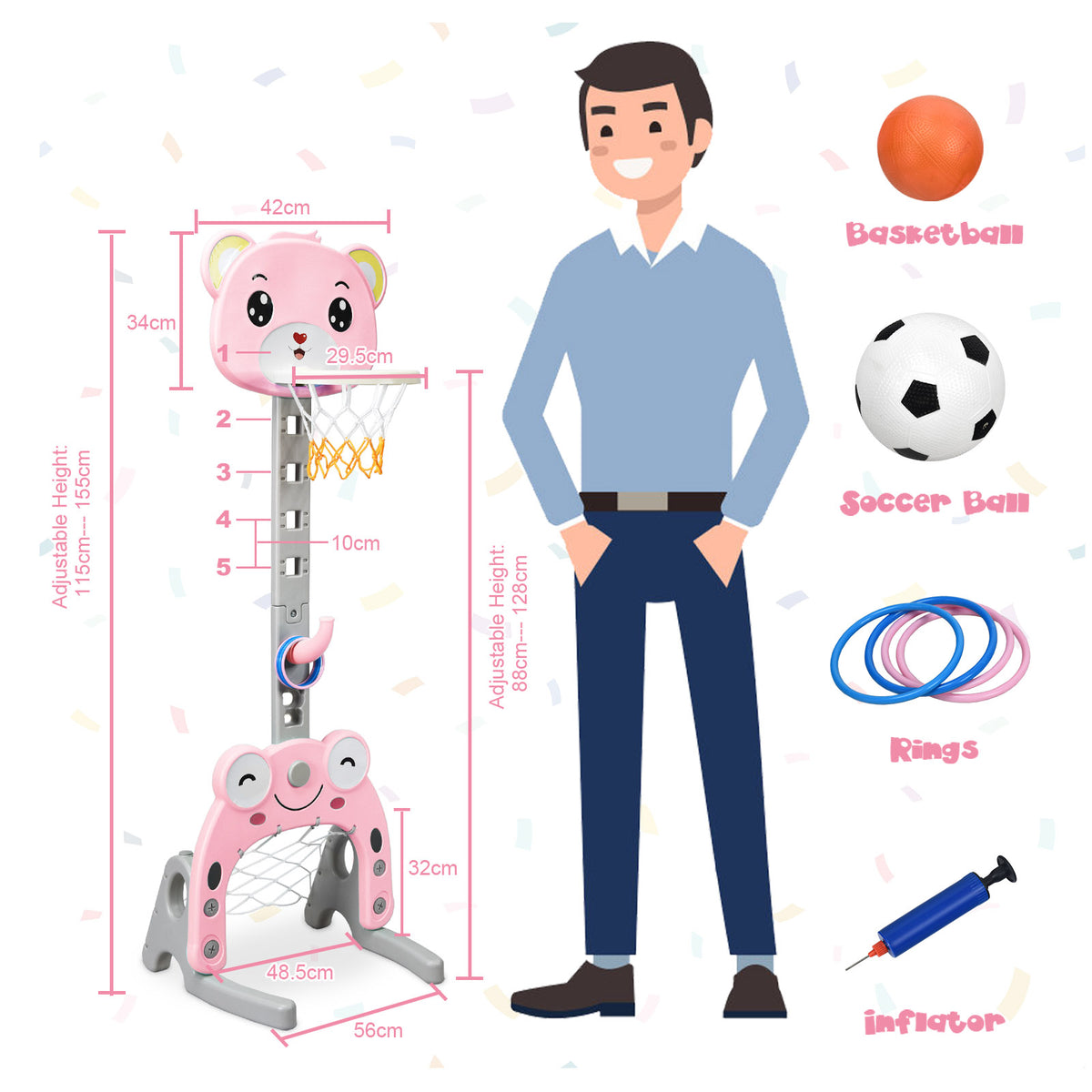Size diagram of the pink kids basketball hoop and stand set with accessories