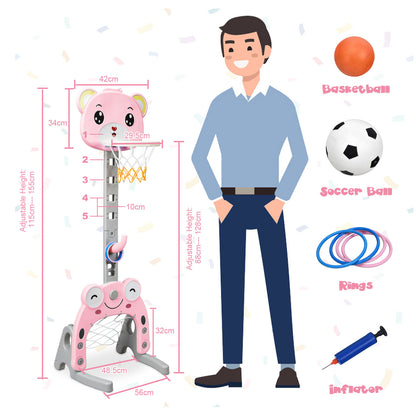 Size diagram of the pink kids basketball hoop and stand set with accessories