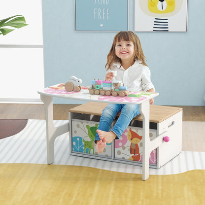 A young girl plays with a toy train at the kids convertible activity bench, now a table