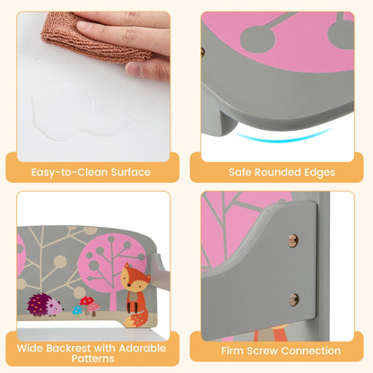 Close up views of the kids activity bench showing easy-clean surface, rounded edges, backrest and screw connection
