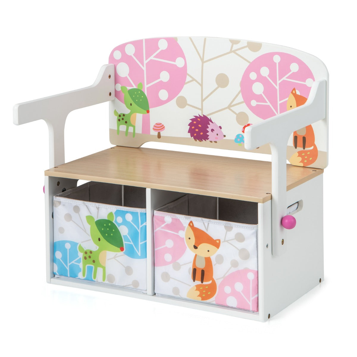The kids convertible activity bench shown from the front with woodland animal fabric bins