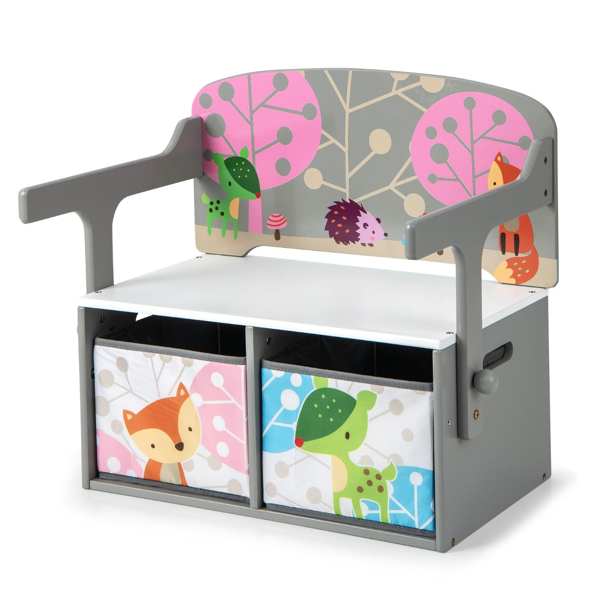 The kids activity bench shown from the front with the storage bins visible