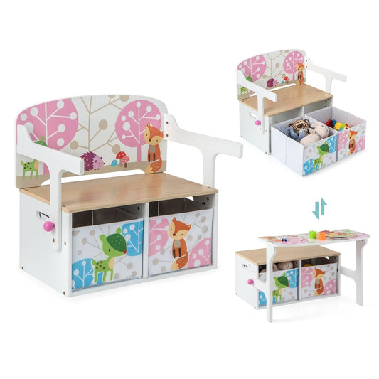 3 in 1 Kids Convertible Activity Bench with two fabric storage bins and a white tabletop