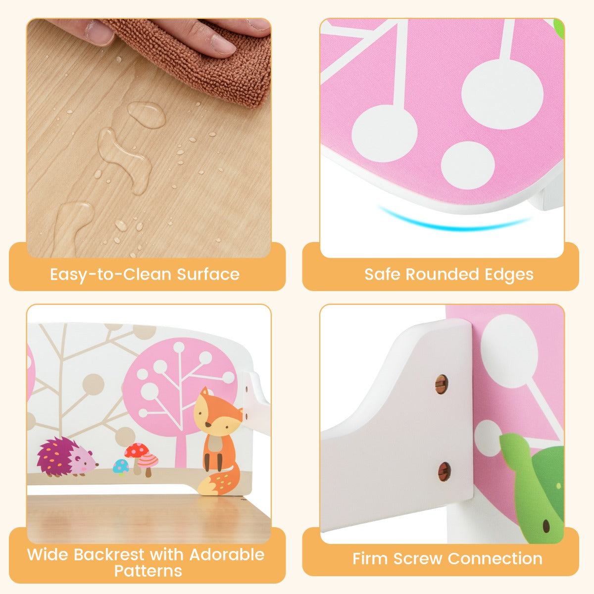 Close up details of the kids convertible activity bench including surface and edges