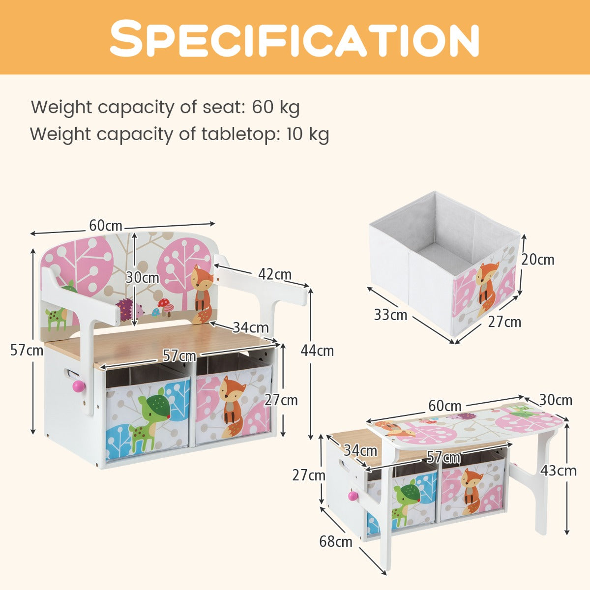 Specification diagram showing dimensions of the kids convertible activity bench