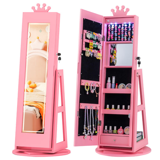 3 In 1 Kids Jewelry Cabinet shown closed with a mirror and open with storage for accessories