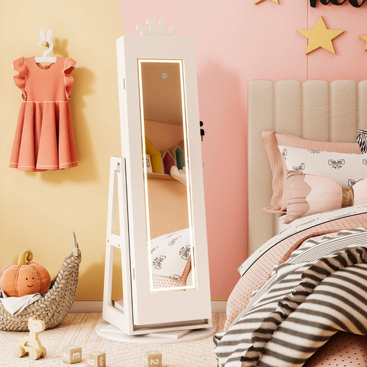 The white kids jewelry cabinet standing open in a child's bedroom, displaying jewellery and cosmetics