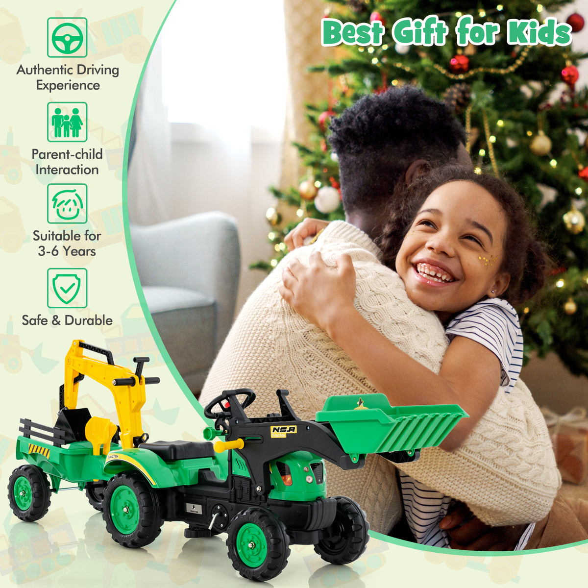 Happy child receiving the green pedal excavator toy as a gift