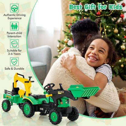 Happy child receiving the green pedal excavator toy as a gift