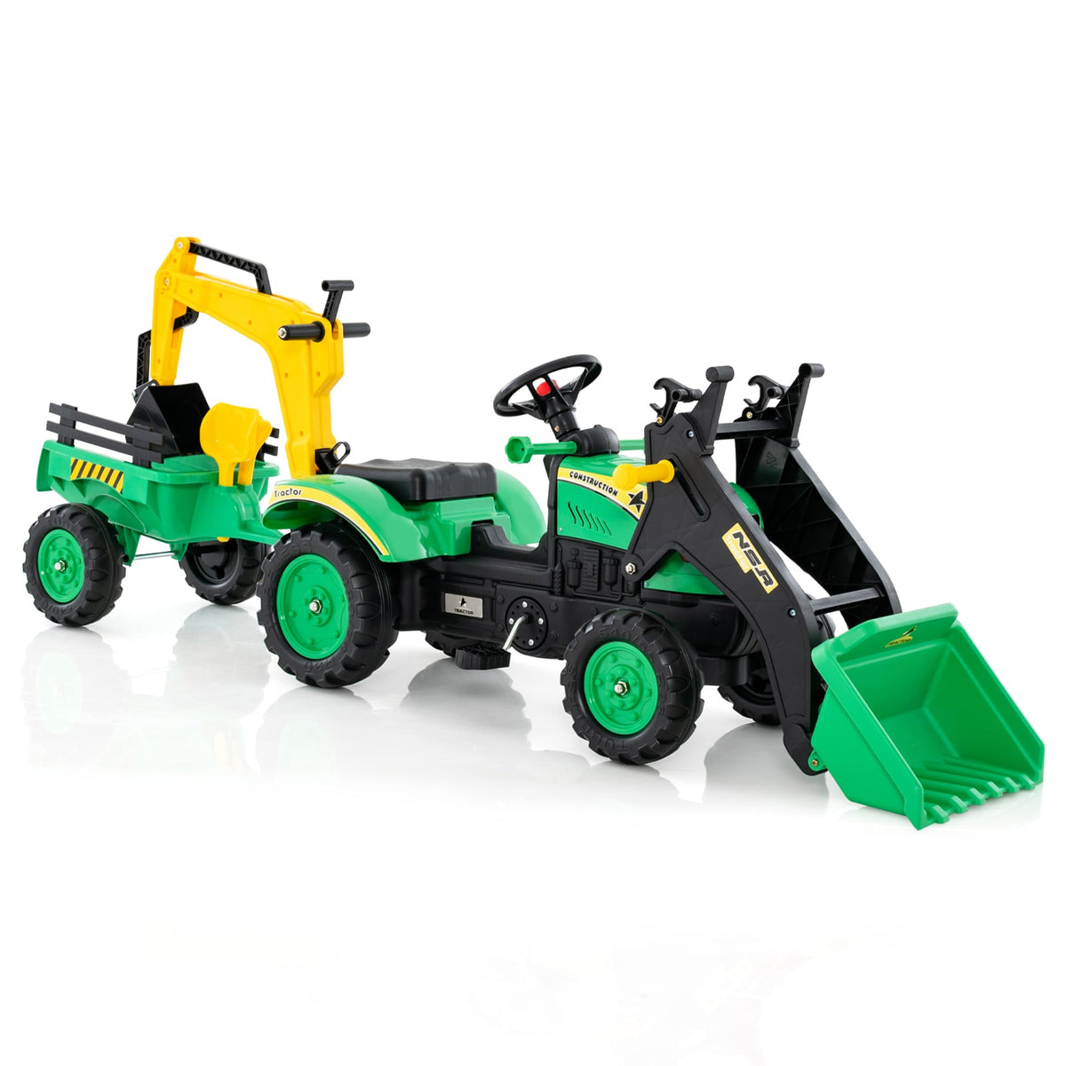 3-in-1 Kids Ride On Pedal Excavator with Detachable Trailer in green and black with a front loader and rear trailer