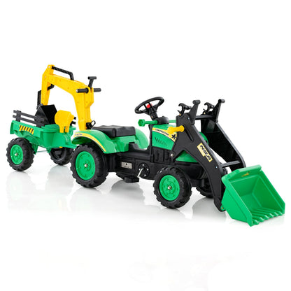 3-in-1 Kids Ride On Pedal Excavator with Detachable Trailer in green and black with a front loader and rear trailer