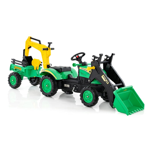 3-in-1 Kids Ride On Pedal Excavator with Detachable Trailer in green and black with a front loader and rear trailer