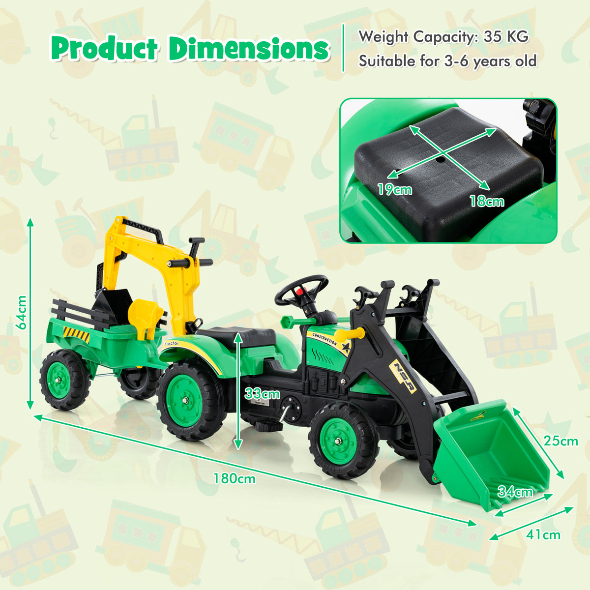 Dimensions diagram for the green ride on excavator toy showing measurements