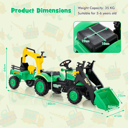 Dimensions diagram for the green ride on excavator toy showing measurements