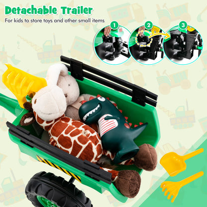 Close-up of the trailer filled with toys and accessories for the ride on excavator