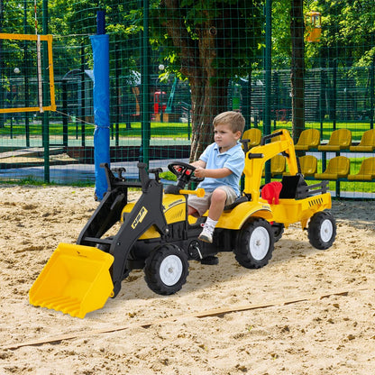 Child operating the yellow and black ride on pedal excavator toy on a sandy surface
