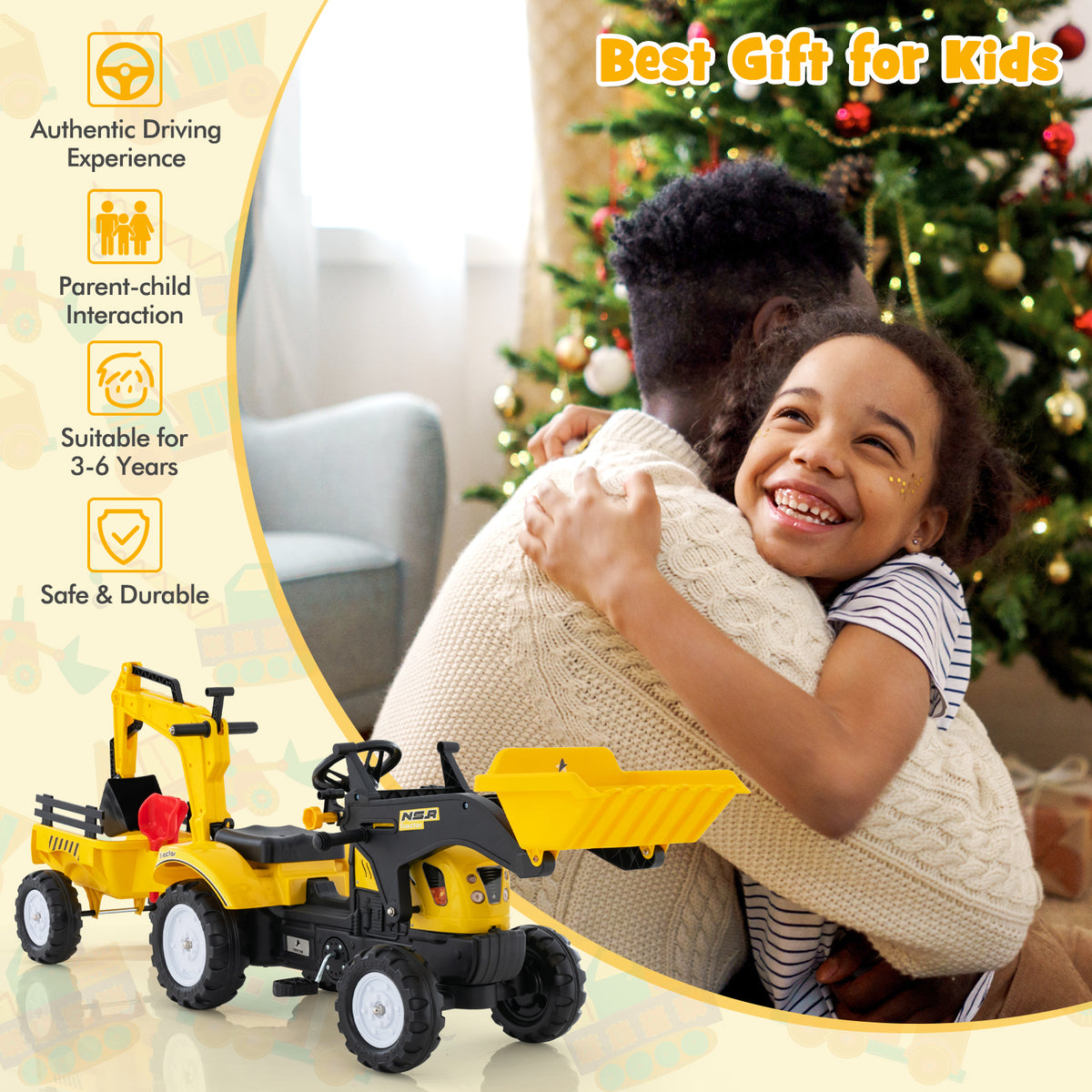 A father and child hugging with the yellow and black ride on pedal excavator toy nearby
