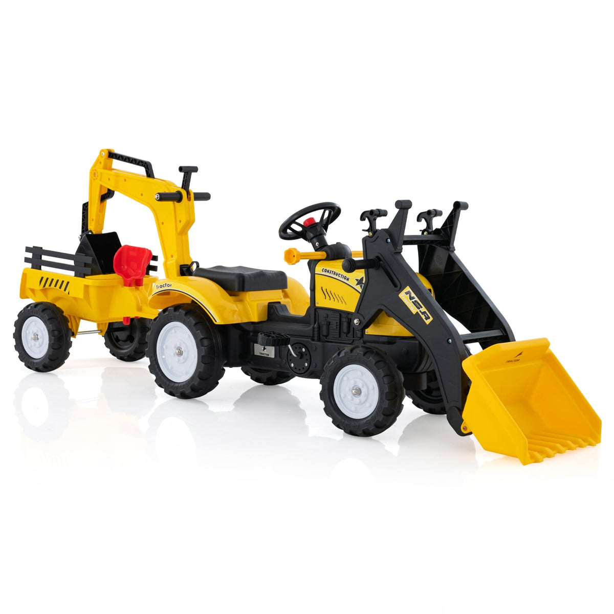 3-in-1 Kids Ride On Pedal Excavator with Detachable Trailer in yellow and black with a large bucket and trailer
