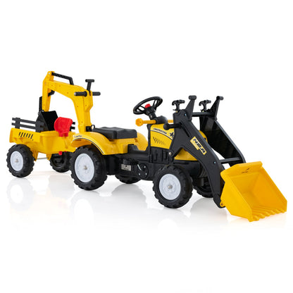 3-in-1 Kids Ride On Pedal Excavator with Detachable Trailer in yellow and black with a large bucket and trailer