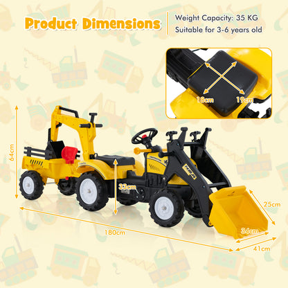 Dimensions diagram for the yellow and black kids pedal excavator ride on toy