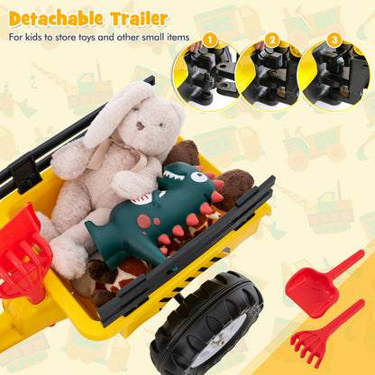 Close up of the detachable trailer of the yellow and black kids pedal excavator toy filled with toys