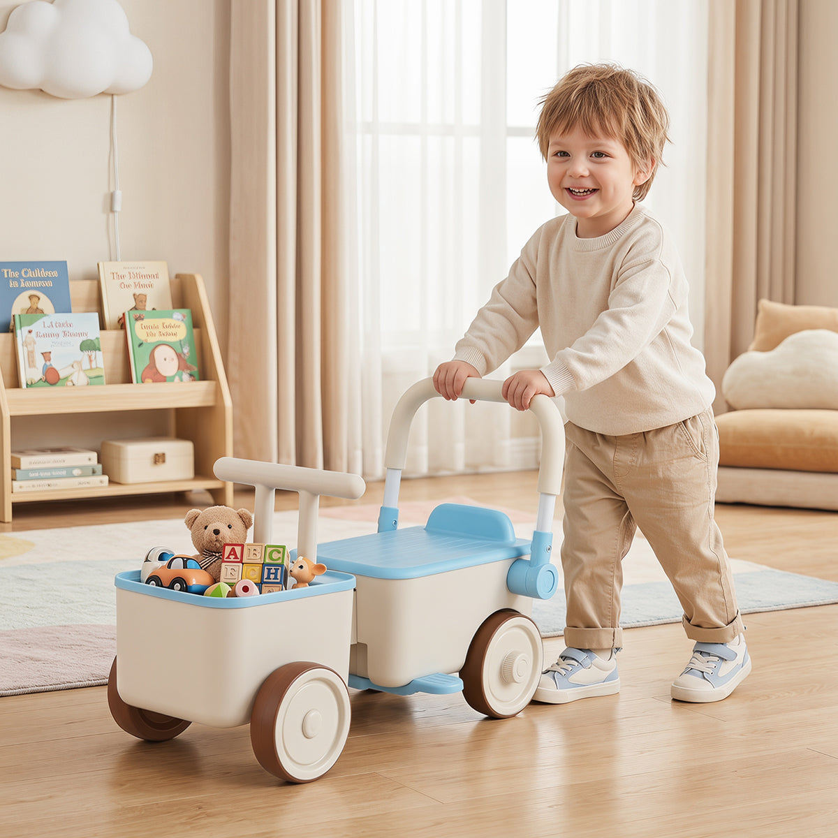 A smiling child pushes the blue ride on car with storage basket