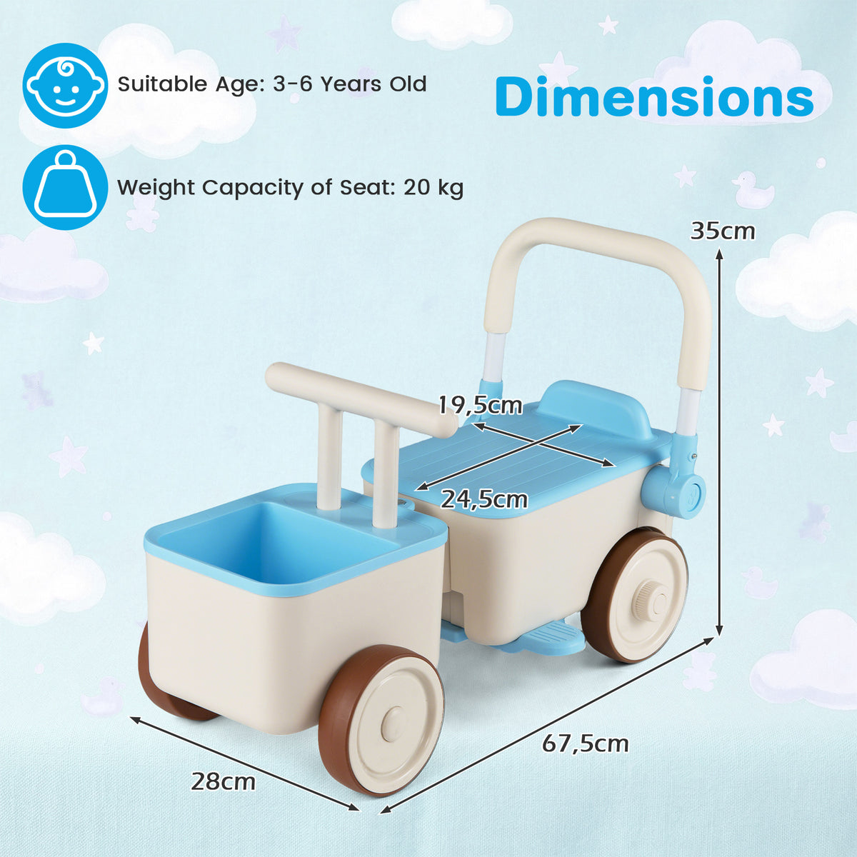 Dimensions of the blue ride on car with storage basket