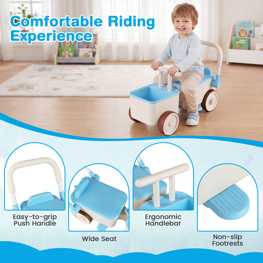 The push and pedal ride on toy has a wide seat and non-slip footrests