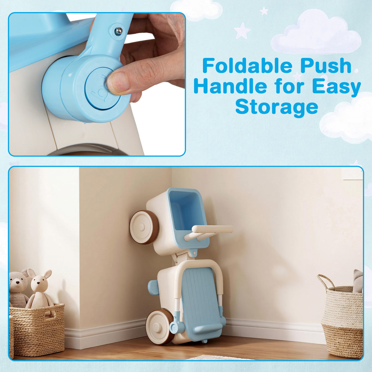 The push and pedal ride on toy's handle folds for easy storage