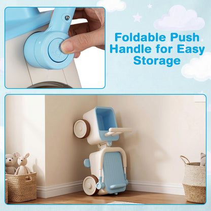 The push and pedal ride on toy's handle folds for easy storage