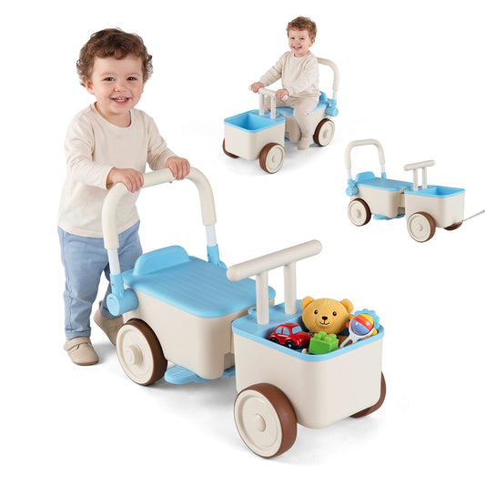 3-in-1 Kids Ride On Push Car with foldable push handle and storage basket in blue
