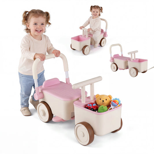 3-in-1 Kids Ride On Push Car with foldable push handle and storage basket in pink