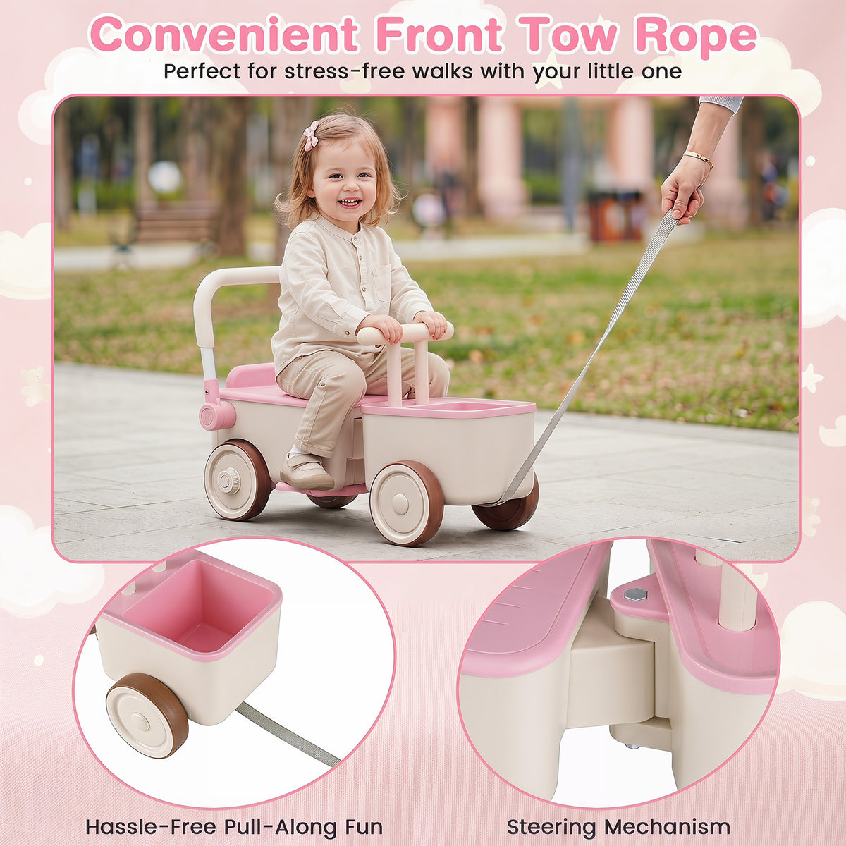 A child rides the pink push car with a rope attached for pulling